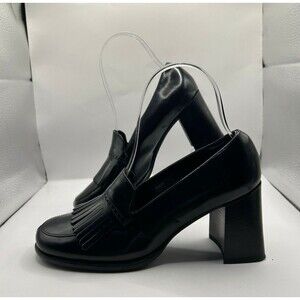 Vintage Coach Made in Italy Black Leather Loafer Heels 6B Fringe